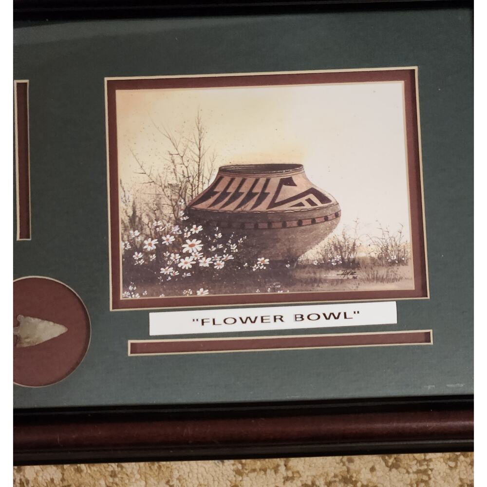 Native American Real Arrow Head and Matted Painting Framed Flower Bowls - Picture 6 of 7